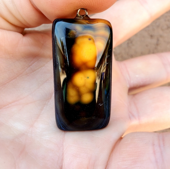New Yellow Black Fire Agate Oblong Pendant. - Picture 12 of 16